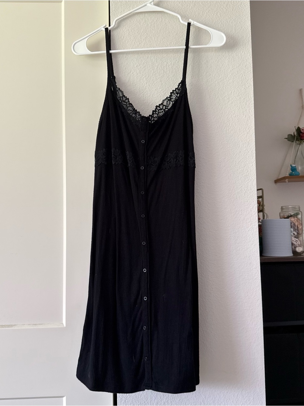 wild fable Black Lace-Trim Button-Front Slip Dress